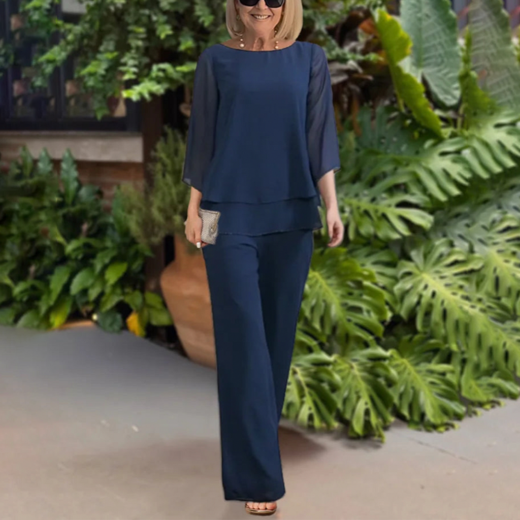 Elvara | Conjunto para mujer de dos piezas con blusa fluida y pantalón largo