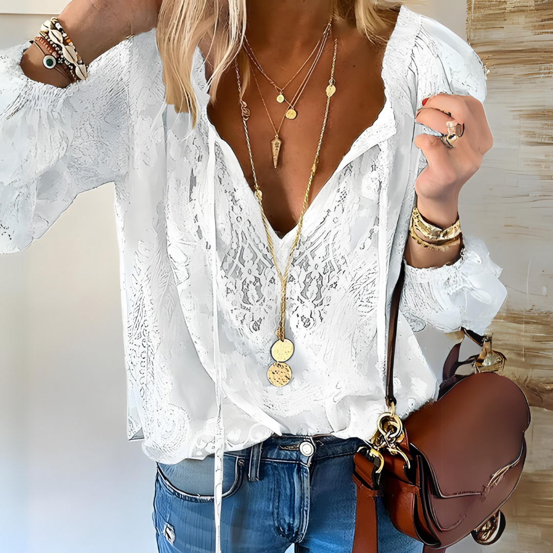 Serelia | Blusa para mujer con encaje y escote en V de estilo bohemio