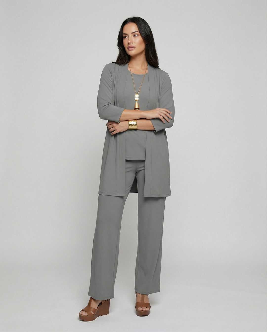 Florinda | Conjunto de tres piezas para mujer con duster y escote redondo | Elegante