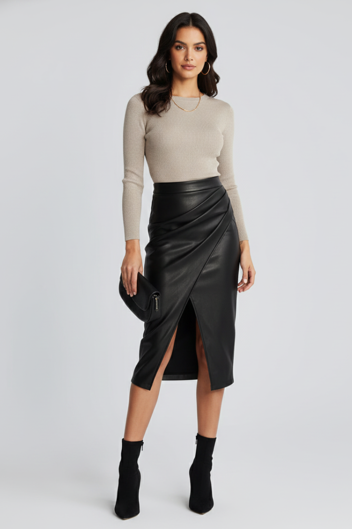 Nuria | Falda midi de mujer plisada con abertura frontal