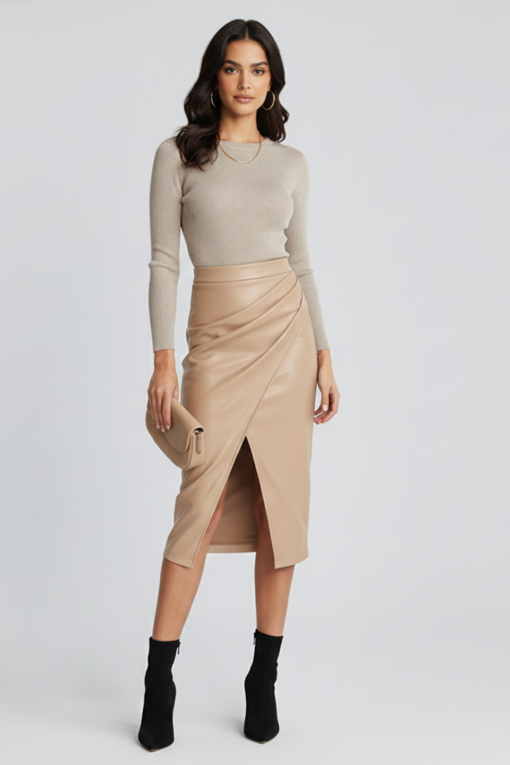 Nuria | Falda midi de mujer plisada con abertura frontal