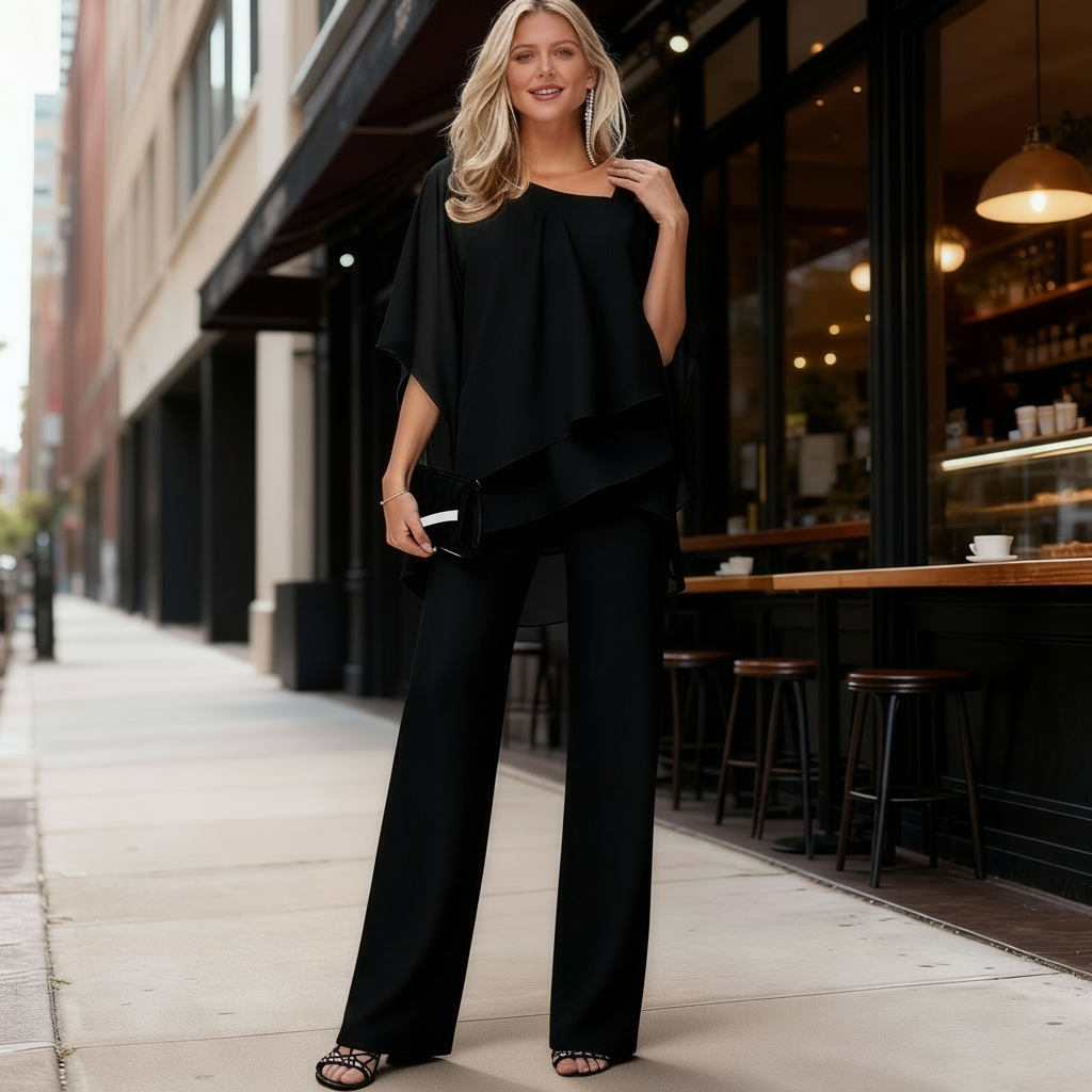 Casimira | Conjunto moderno para mujer con top en capas y pantalones anchos | Refinado
