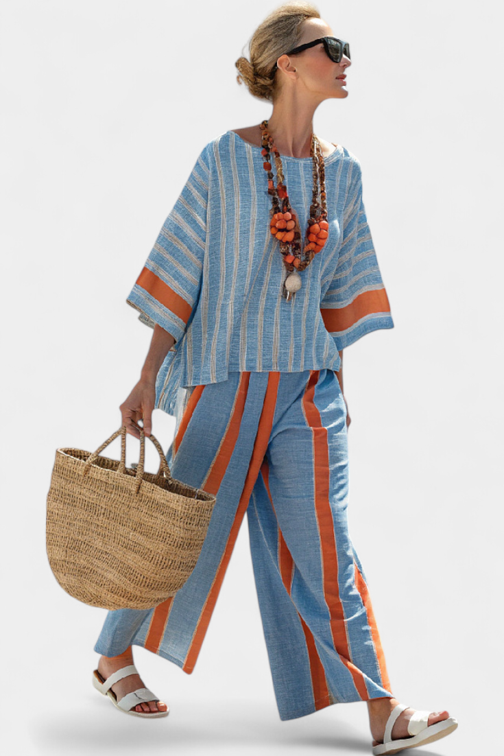 Meresa | Sofisticado top a rayas en color terracota y pantalones de lino