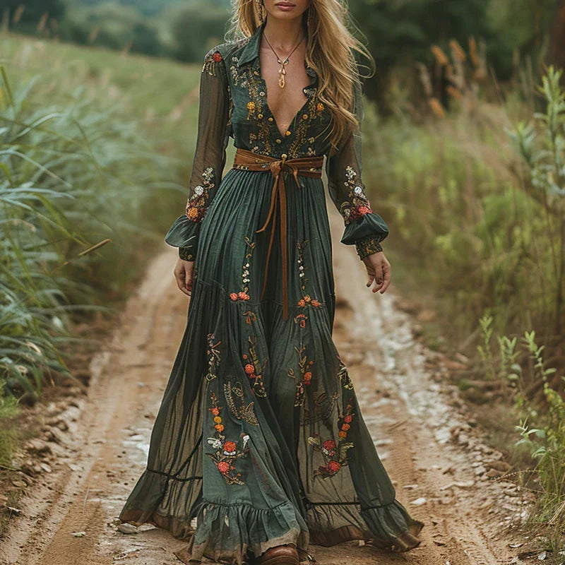 Sohee | Vestido Largo Boho con Bordado Floral
