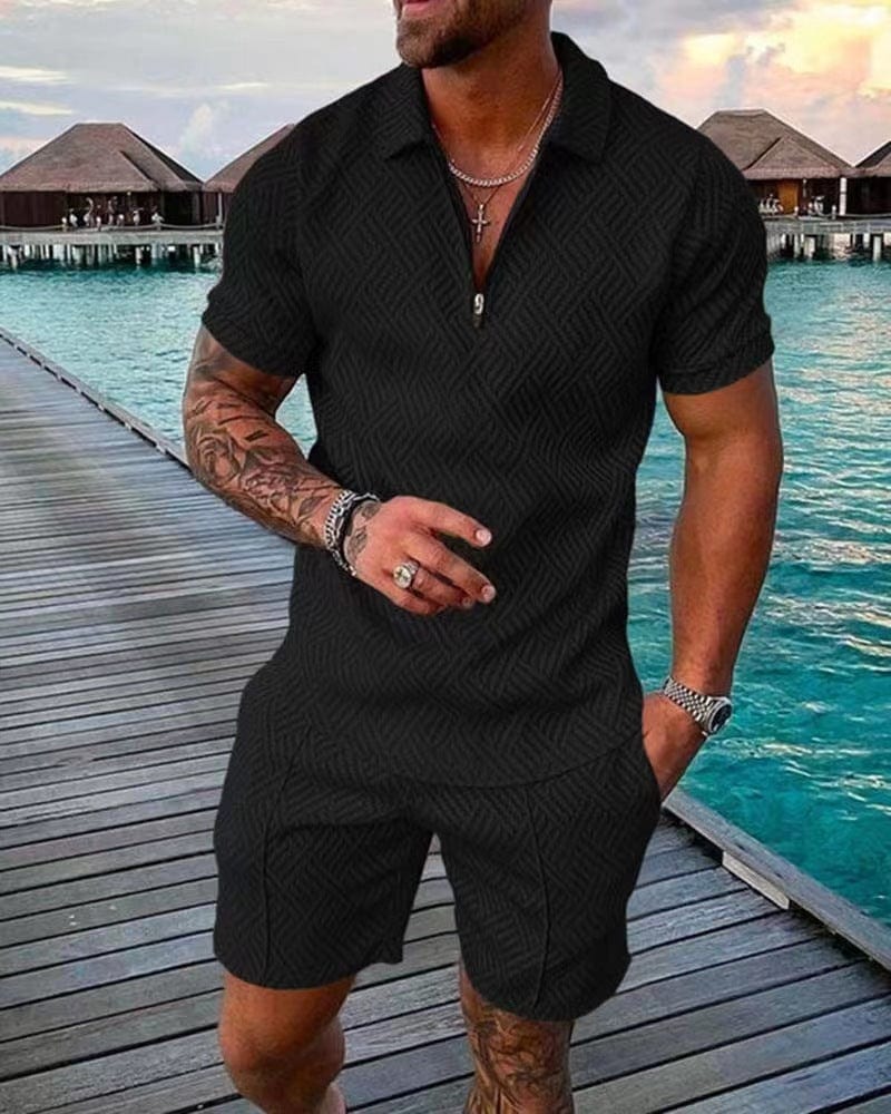 Marcial | Conjunto de verano para hombre con camiseta con cremallera y pantalón corto | Casual