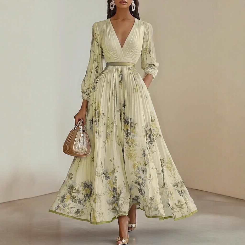 Rosella | Vestido Largo Plisado Floral con Escote en V