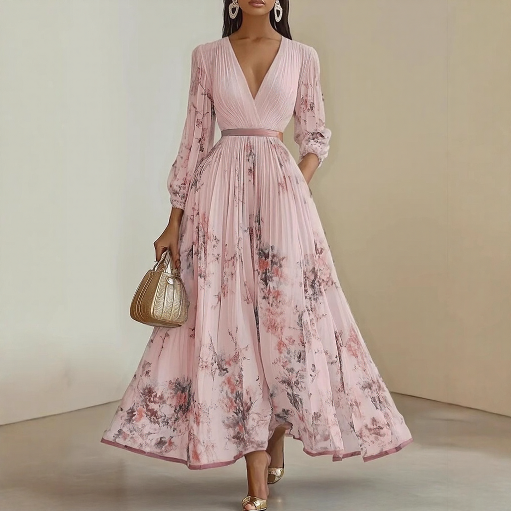 Rosella | Vestido Largo Plisado Floral con Escote en V