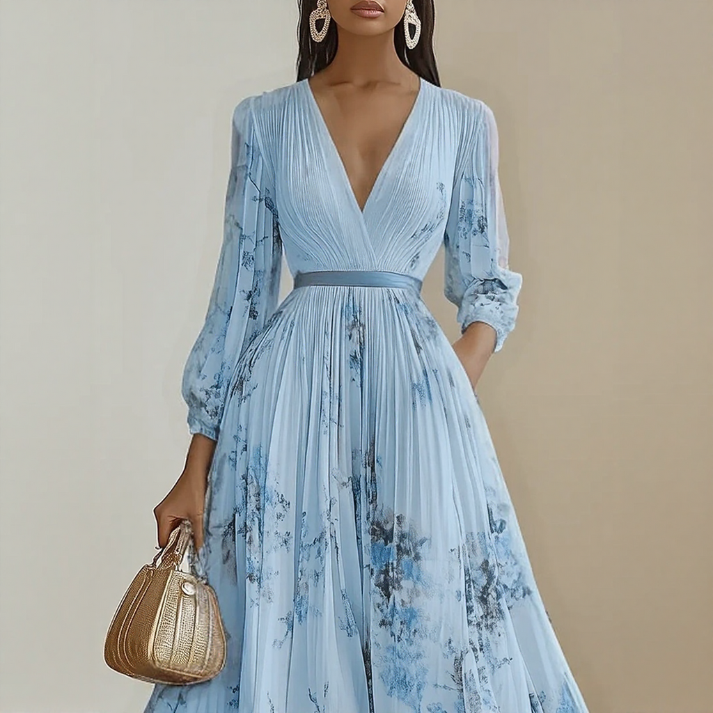 Rosella | Vestido Largo Plisado Floral con Escote en V