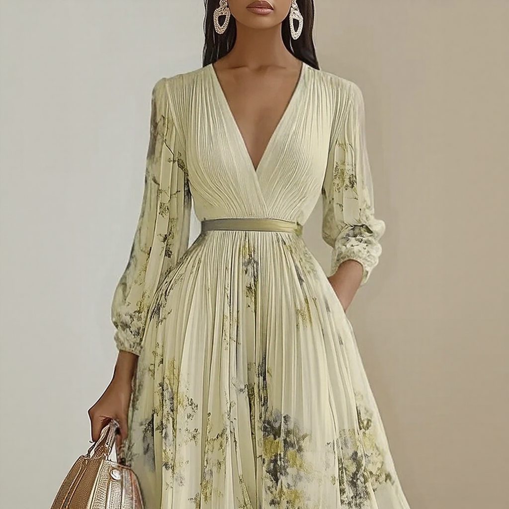 Rosella | Vestido Largo Plisado Floral con Escote en V