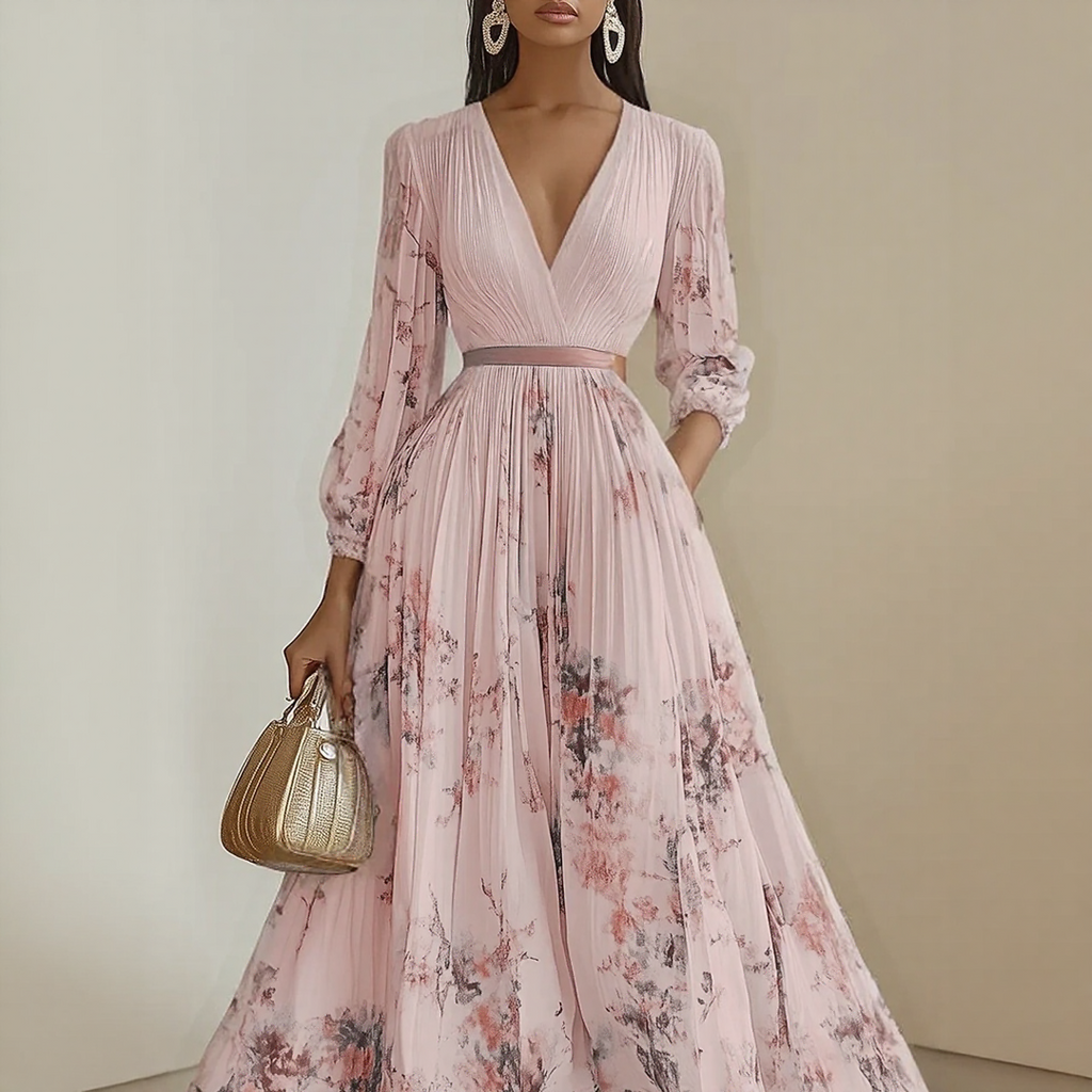 Rosella | Vestido Largo Plisado Floral con Escote en V