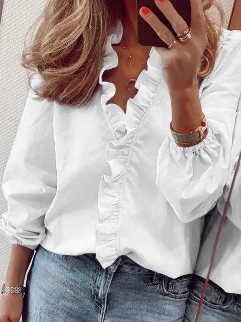 Belora | Blusa para mujer con volantes y escote en V de manga larga