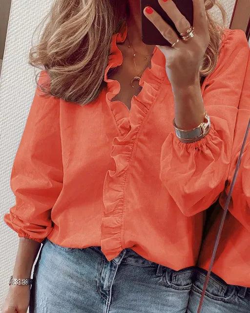 Belora | Blusa para mujer con volantes y escote en V de manga larga