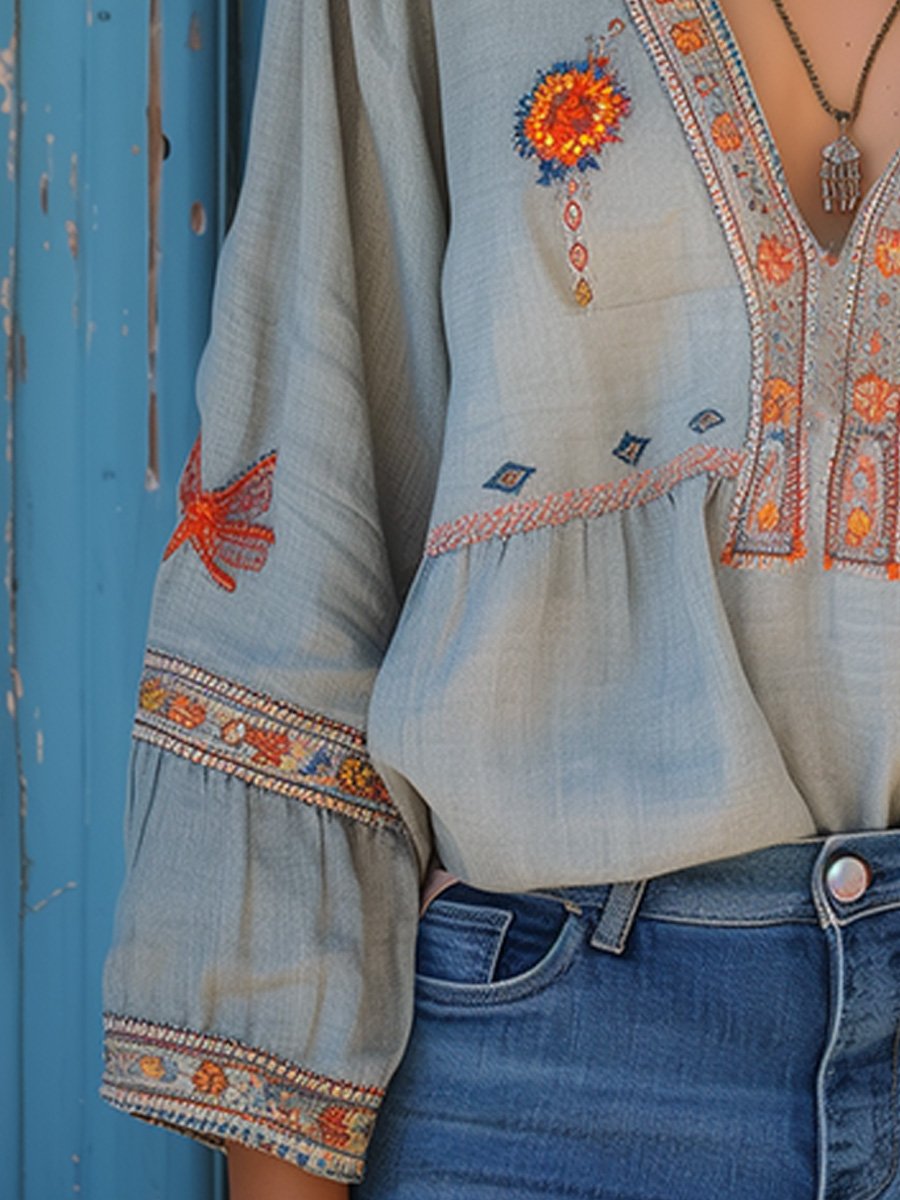 Elaria | Blusa para mujer con bordado y escote en V de estilo bohemio
