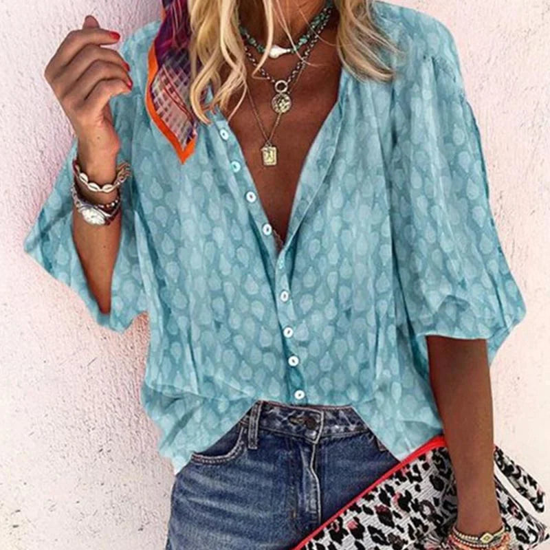 Alviera | Blusa estampada para mujer con botones y manga corta amplia