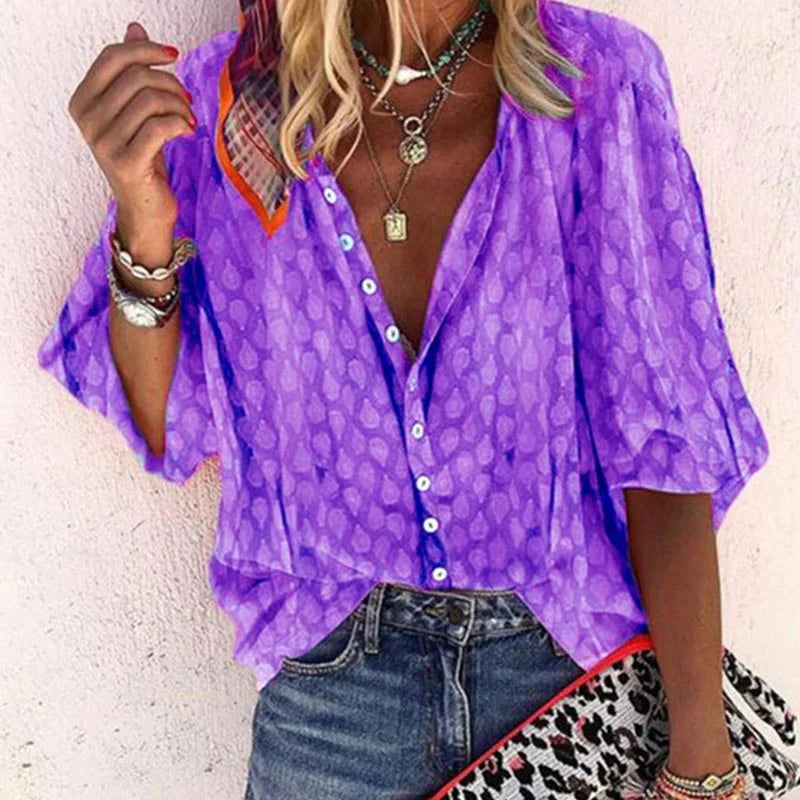 Alviera | Blusa estampada para mujer con botones y manga corta amplia