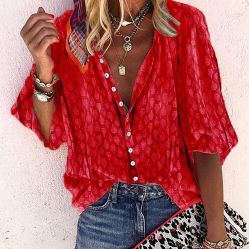 Alviera | Blusa estampada para mujer con botones y manga corta amplia